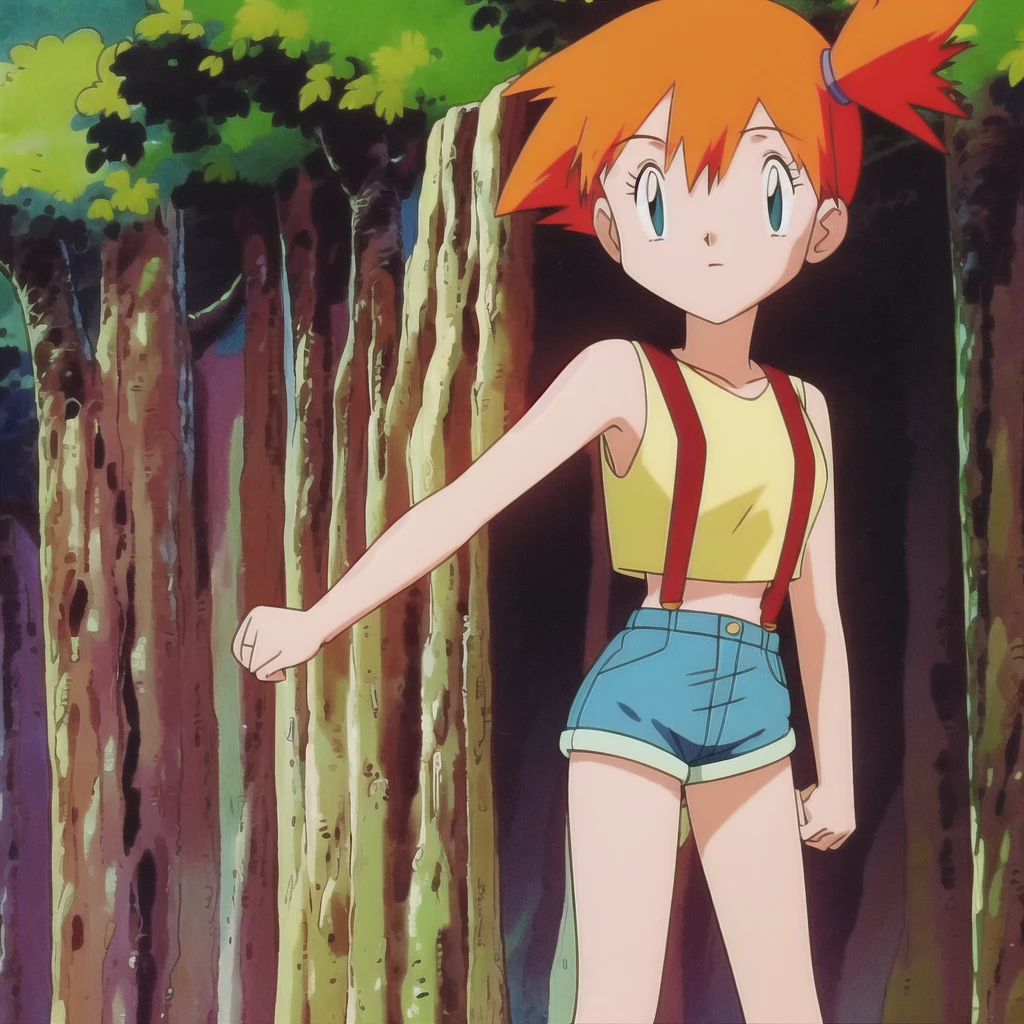 misty (pokemon), 1girl, solo, yellow shirt, sleeveless shirt, suspenders, denim shorts, outdoors