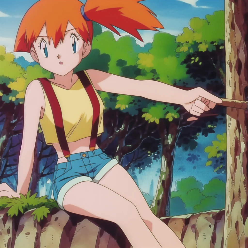 misty (pokemon), 1girl, solo, yellow shirt, sleeveless shirt, suspenders, denim shorts, outdoors