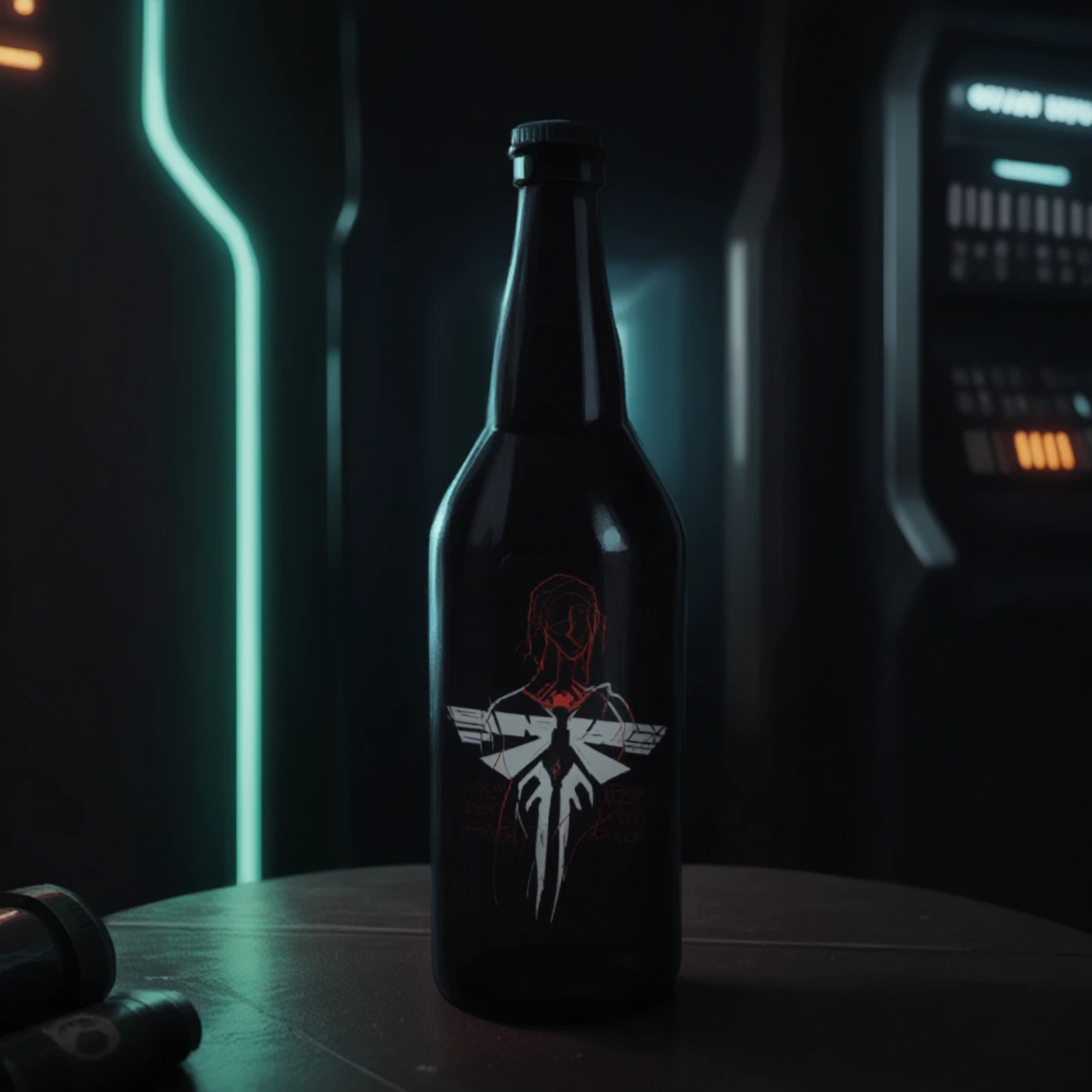 One bottle in the picture.A bottle of cyber beer presented in cyberpunk style, with characteristic elements: smooth, matte coating, decorated with bright neon luminous inserts. Design includes digital pixel patterns and abstract graphic elements, creating the effect of digital disruption and the future of the technological world. The main color of the bottle is deep purple, red, orange or green. This combination gives the product a unique cyberpunk style and modern look..
Bottle with holographic labels, depicting robotic fruits reflecting the taste of the future.