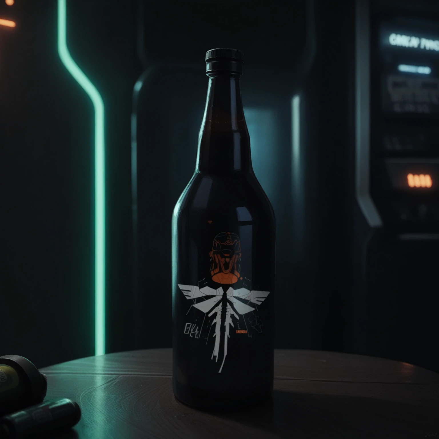 One bottle in the picture.A bottle of cyber beer presented in cyberpunk style, with characteristic elements: smooth, matte coating, decorated with bright neon luminous inserts. Design includes digital pixel patterns and abstract graphic elements, creating the effect of digital disruption and the future of the technological world. The main color of the bottle is deep purple, red, orange or green. This combination gives the product a unique cyberpunk style and modern look..
Bottle with holographic labels, depicting robotic fruits reflecting the taste of the future.