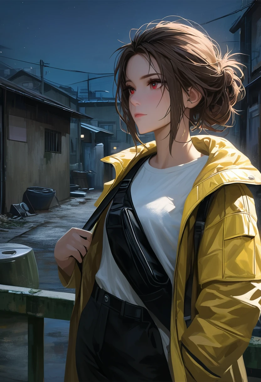 ((adult)), (woman), ((tall)), masterpiece, best quality, dark aura, brown hair, ((updo hair)), (messy hair) , ringed dark red eyes, plain white shirt, Yellow coat, black pants, carrying a waist bag, (faint smile), realistic anime style, (oil painting), slums background, night, impasto.