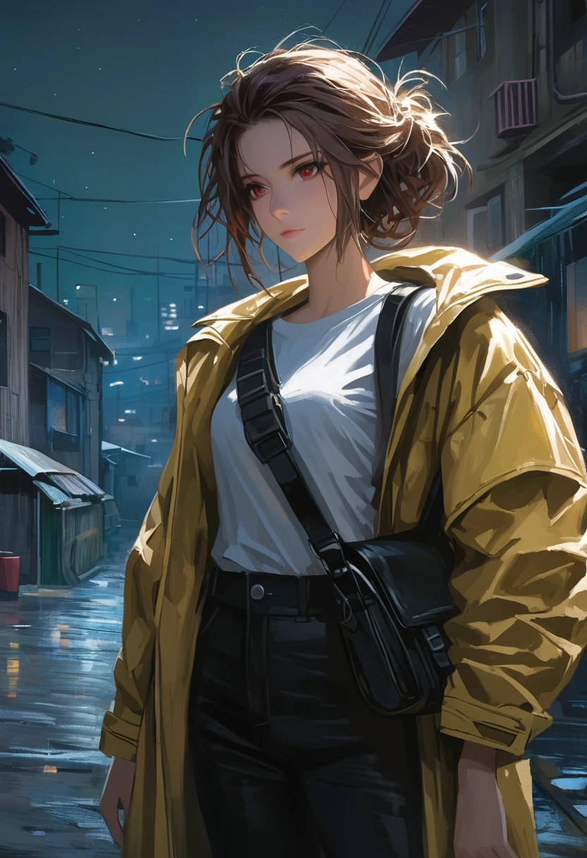 ((adult)), (woman), ((tall)), masterpiece, best quality, dark aura, brown hair, ((updo hair)), (messy hair) , ringed dark red eyes, plain white shirt, Yellow coat, black pants, carrying a waist bag, (faint smile), realistic anime style, (oil painting), slums background, night, impasto.