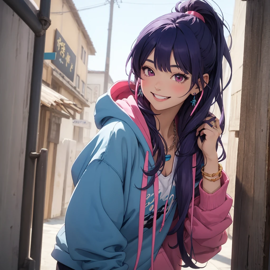 1girl,dark blue purplish hair, ponytail, gloves bracelets,red necklace, earrings,nose ring,blue oversized shirt,pink hoodie, zipper hoodie,opened hoodie,blue headset, headphones,looking at the view, smiling,soft smile, beautiful face,cute,,intricate_details_xl,Classic Anime Style SDLX ,Thick waifus