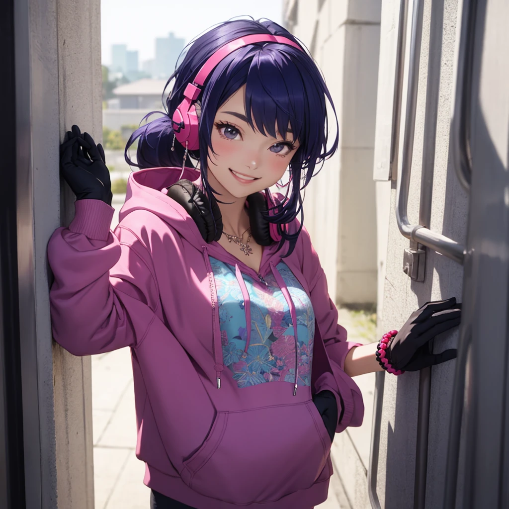 1girl,dark blue purplish hair, ponytail, gloves bracelets,red necklace, earrings,nose ring,blue oversized shirt,pink hoodie, zipper hoodie,opened hoodie,blue headset, headphones,looking at the view, smiling,soft smile, beautiful face,cute,,intricate_details_xl,Classic Anime Style SDLX ,Thick waifus