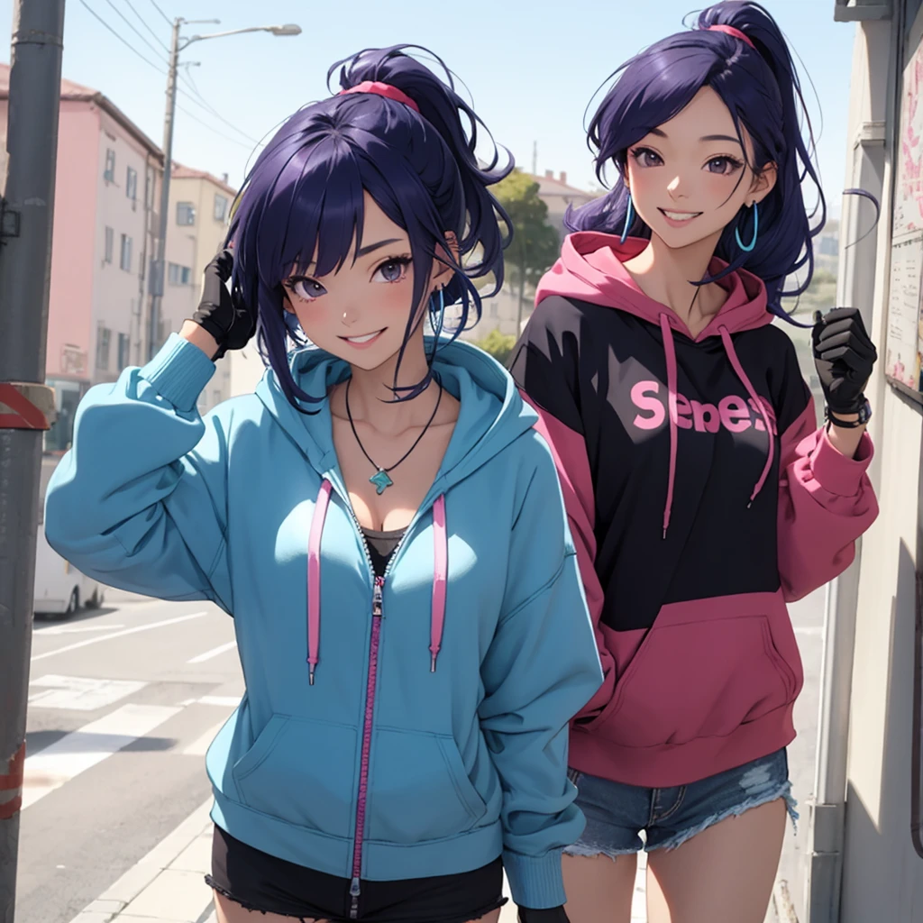1girl,dark blue purplish hair, ponytail, gloves bracelets,red necklace, earrings,nose ring,blue oversized shirt,pink hoodie, zipper hoodie,opened hoodie,blue headset, headphones,looking at the view, smiling,soft smile, beautiful face,cute,,intricate_details_xl,Classic Anime Style SDLX ,Thick waifus