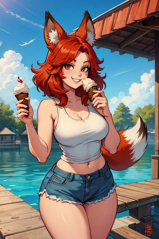 A red haired woman with one blue eye and one red eye with an hourglass figure and red fox ears and a fluffy red fox tail in a cute tank top and shorts is eating ice cream on the dock with a big smile.