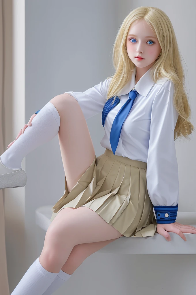 Highest quality,girl,high school girl,uniform,White blouse,Pleated skirt,Knee-high,Blonde,blue eyes,cute,