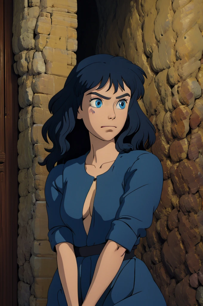 Curvy blue eyed girl with long wavy black hair and small breasts, (cruel_expression):4.0, lewd:2.0, (pubic_stubble):3.0