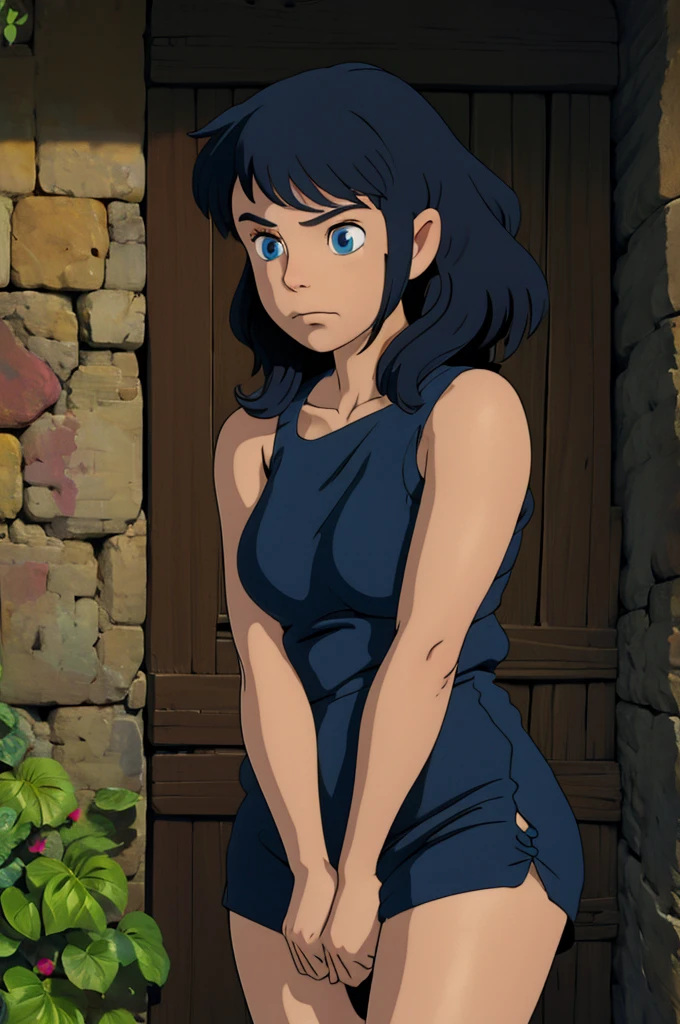 Curvy blue eyed girl with long wavy black hair and small breasts, (cruel_expression):4.0, lewd:2.0, (pubic_stubble):3.0