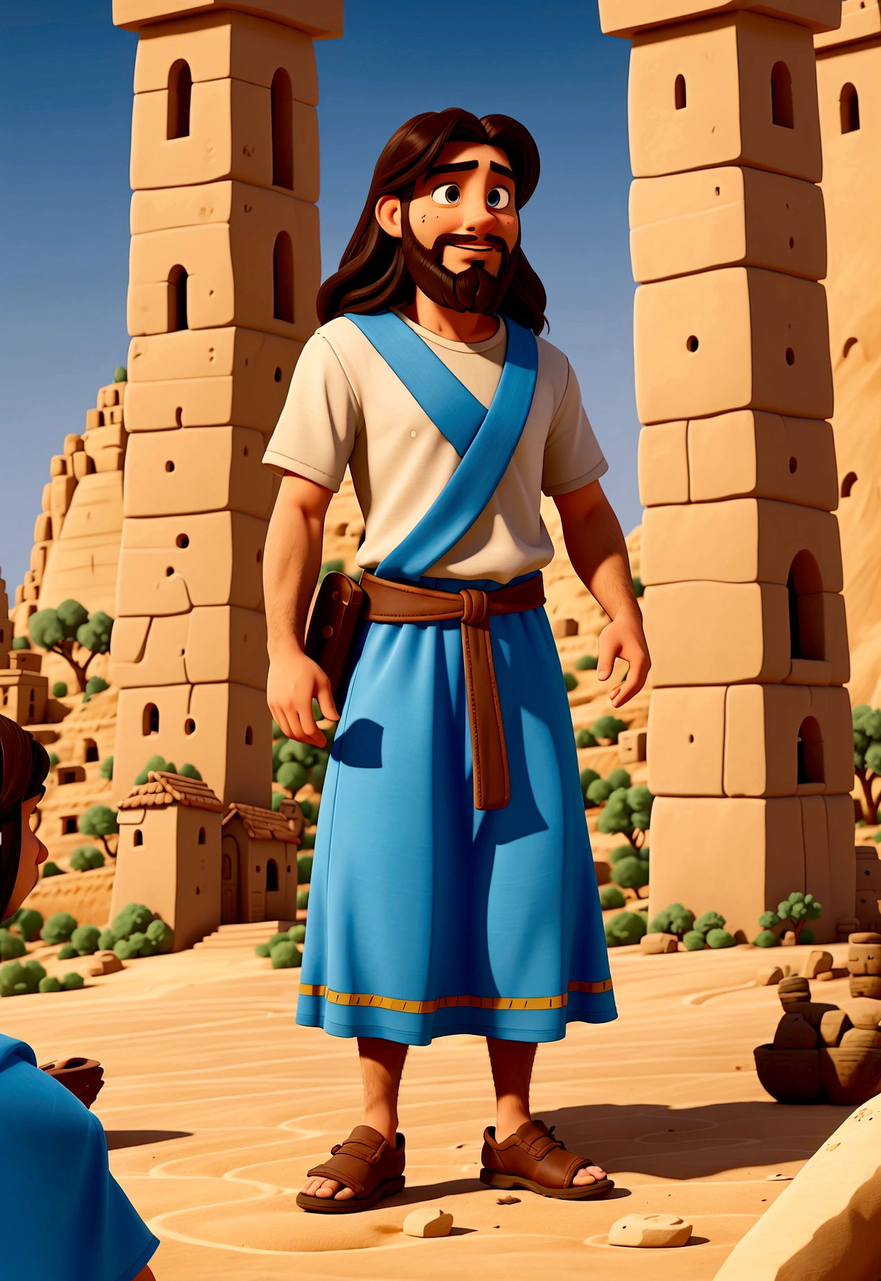 illustrations of Jesus at the age of 33 approaching his disciples, Jesus explains the Scriptures that speak about him. The disciples listen attentively. a village a few kilometers from Jerusalem by the dusty road, photography, 8k, pixar style, Disney style, high quality