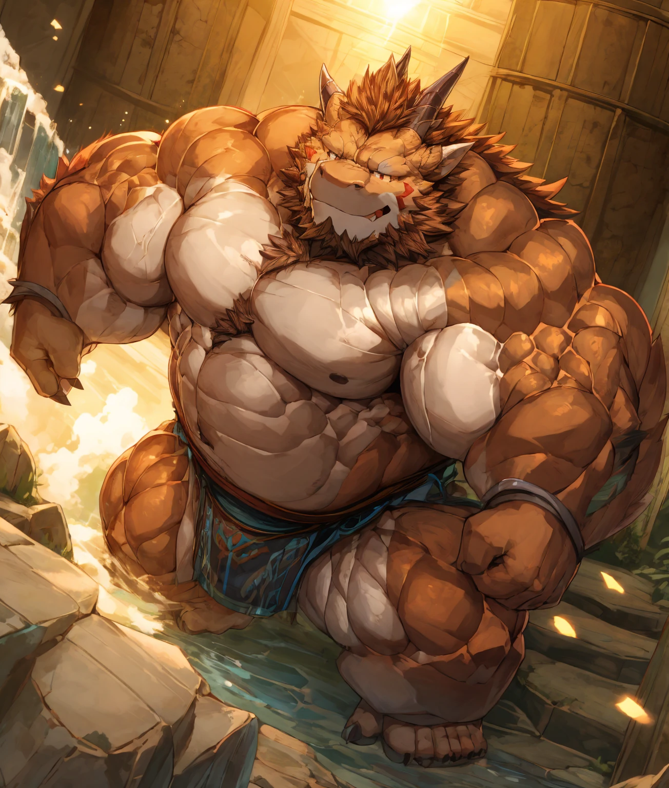 A dragon orc,strong body,muscular,Like a born strong man。His skin looks healthy and fair..,Muscle and fat intertwined,Create unique skin texture,Perfect and powerful。
His arms are as strong as iron pillars,Well-defined muscles,It seems to contain infinite power。Palms are generous,Sharp fingers and claws,Showing his wildness and strength。
He has a broad mind,Muscle bulge,As if it could withstand any impact。Very good abdominal muscles,The waist is full of strength,Like an indestructible mountain。
His legs are muscular,Seems to be able to overcome any obstacle。Calf muscle lines are smooth,Full of power,A dragon that looks strong and agile'The tail behind is strong and powerful,The scales at the end of the tail shone with a cold light,Showing his majesty and mystery。
The whole picture is dominated by cold colors.,Emphasize the power and majesty of the White Dragon Orcs。In the treatment of light and shadow,Let the gentle sunshine shine on him,Make his muscles more three-dimensional and vivid。at the same time,Pay attention to his facial expressions and eyes,He showed his perseverance and courage,Like an invincible strongman。