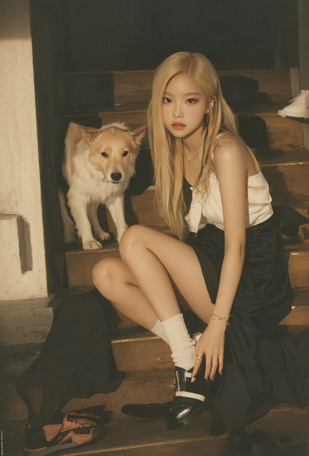 Blonde woman sitting on stairs with dog and shoes on., Park Roseanne de Blackpink, Rose by Blackpink, portrait of jossi de blackpink, jennie pink black, high quality scan, magazine scan, from my part, lalisa manobal, CL, Lalisa Manoban of Blackpink, uhigh quality scan, Jisoo from Blackpink, sun yunjoo, heonhwa choe