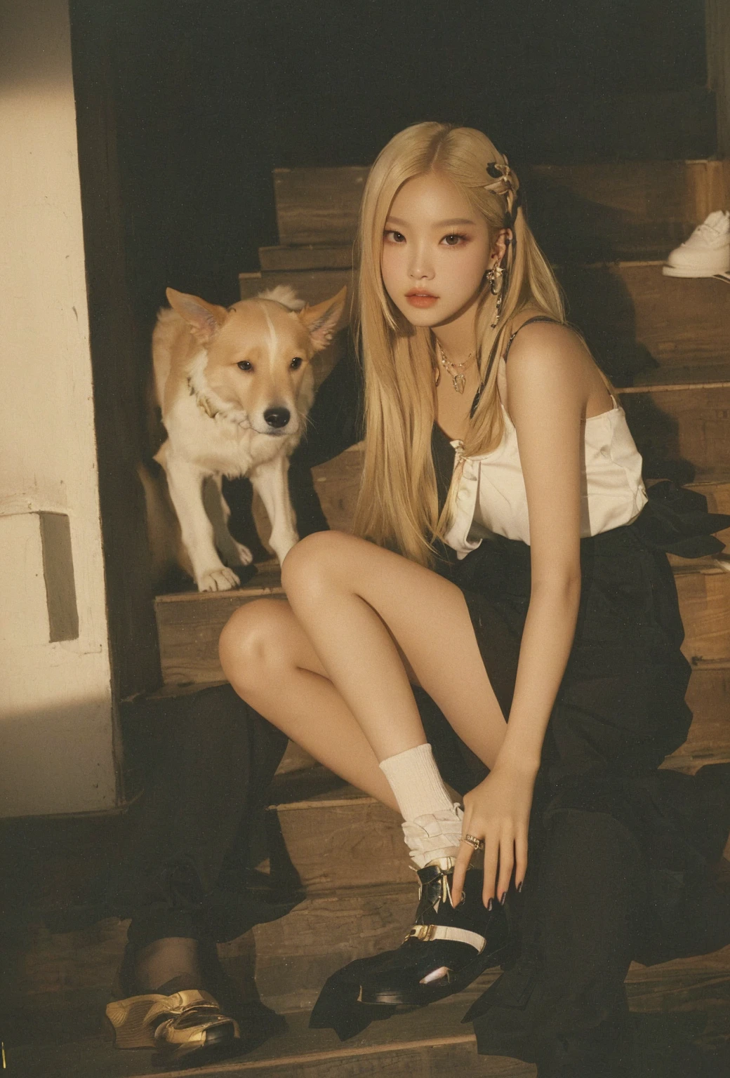 Blonde woman sitting on stairs with dog and shoes on., Park Roseanne de Blackpink, Rose by Blackpink, portrait of jossi de blackpink, jennie pink black, high quality scan, magazine scan, from my part, lalisa manobal, CL, Lalisa Manoban of Blackpink, uhigh quality scan, Jisoo from Blackpink, sun yunjoo, heonhwa choe