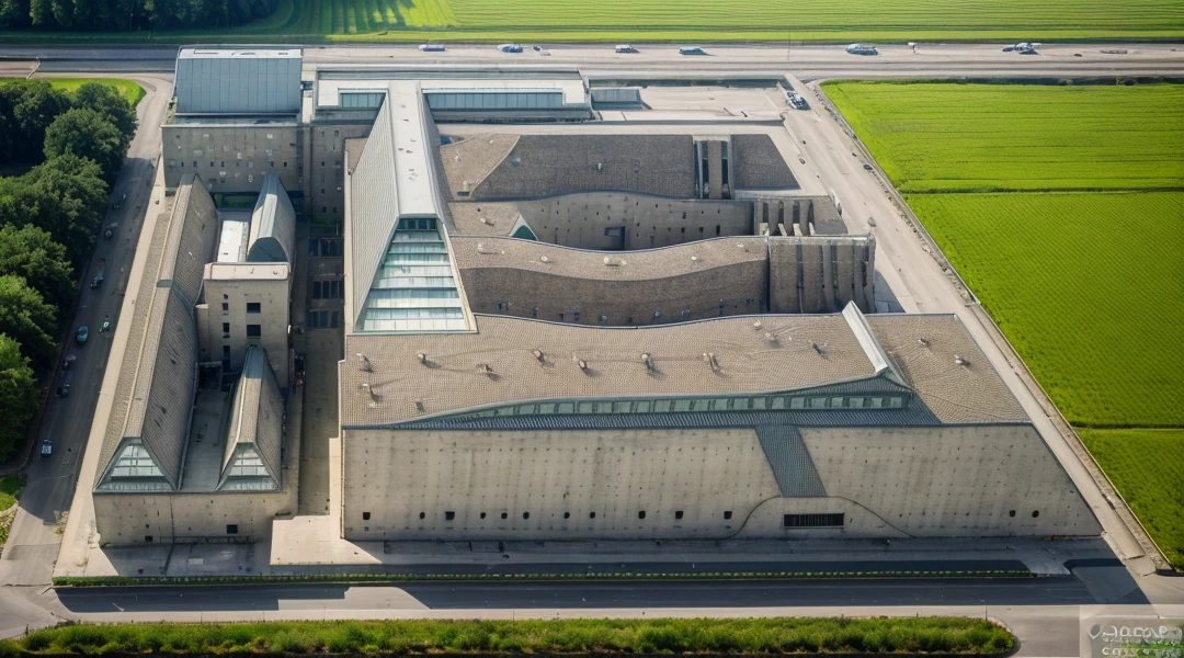 aerial view, master view, grass, day, line, curve, highquality, realistic photo, canon eos 5D mark, [[[architech1904]]], natural light, (realistic: 1.2), sharpen edge, morden building, factory, concrete wall.