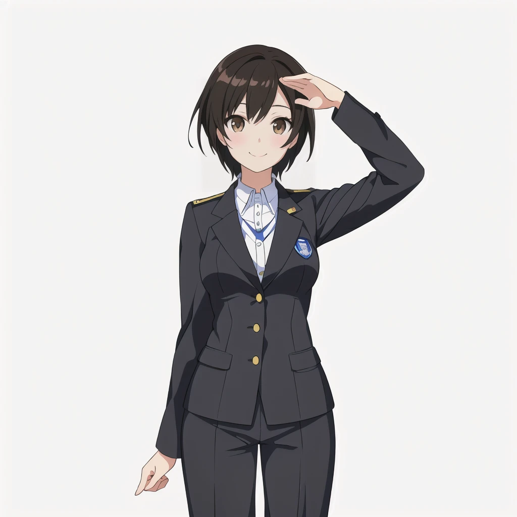 Highest quality, high resolution, High quality anime art style, Official Art, Smooth anime CG art, Stylized anime, Visual Novel Sprites, White background, whole body, Anime-style 3D, Smooth anime CG art, humanoid woman, JRPG Characters, policewoman, Policewoman, Anime woman in a gray suit, Saluting with left hand, smile, Brown eyes, Black Hair, short hair, Age 25,