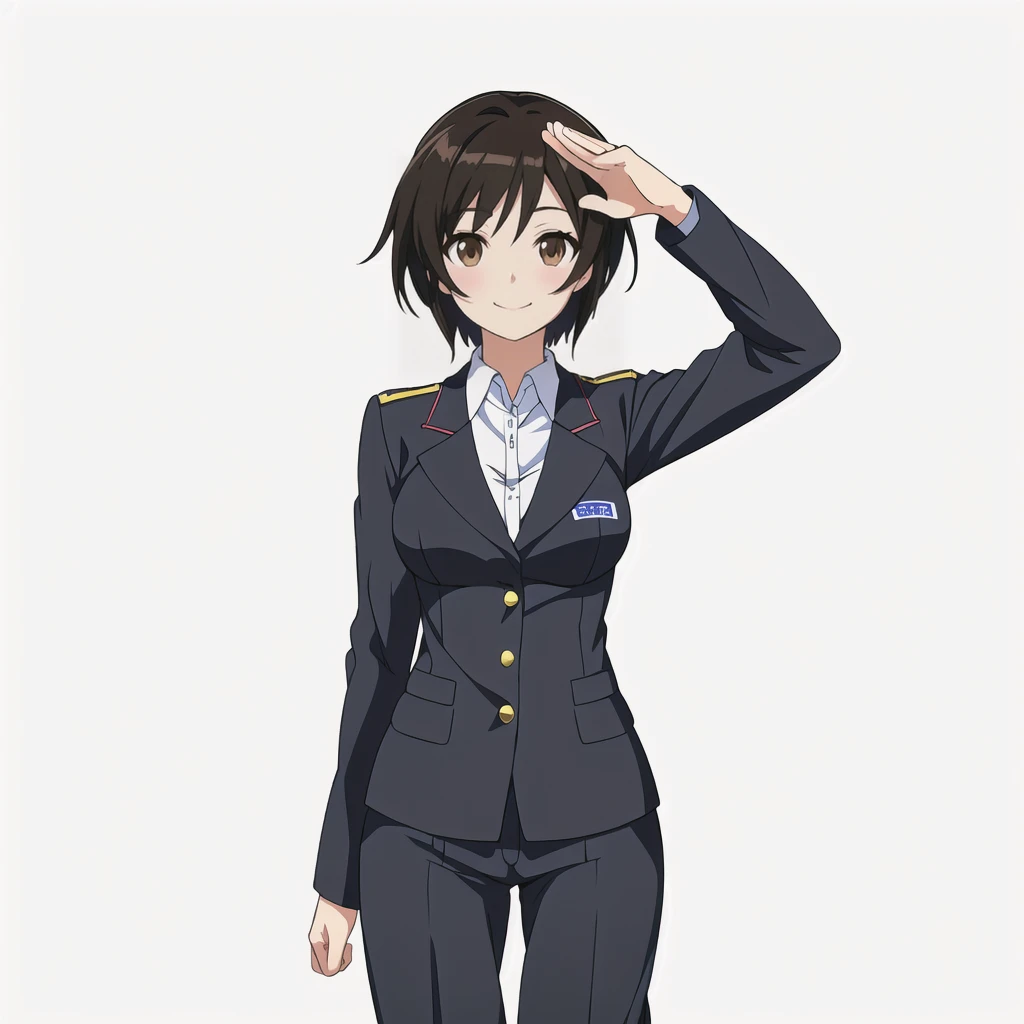 Highest quality, high resolution, High quality anime art style, Official Art, Smooth anime CG art, Stylized anime, Visual Novel Sprites, White background, whole body, Anime-style 3D, Smooth anime CG art, humanoid woman, JRPG Characters, policewoman, Policewoman, Anime woman in a gray suit, Saluting with left hand, smile, Brown eyes, Black Hair, short hair, Age 25,