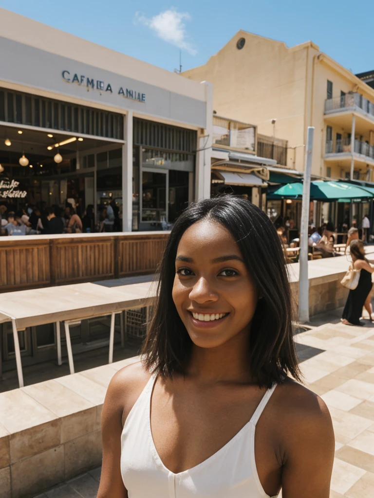 her name is Jamila, high quality, 1girl, ((20-year-old fit black woman)), ((25 years old)), ((slim)), short bob, pose: standing, wearing stylish fashionable Generation-Z modern wear different colored, BACKGROUND: outside: At Bondi Beach, where surfers ride waves against a backdrop of vibrant street art, cafes buzz with locals and tourists savoring flat whites under the Australian sun.