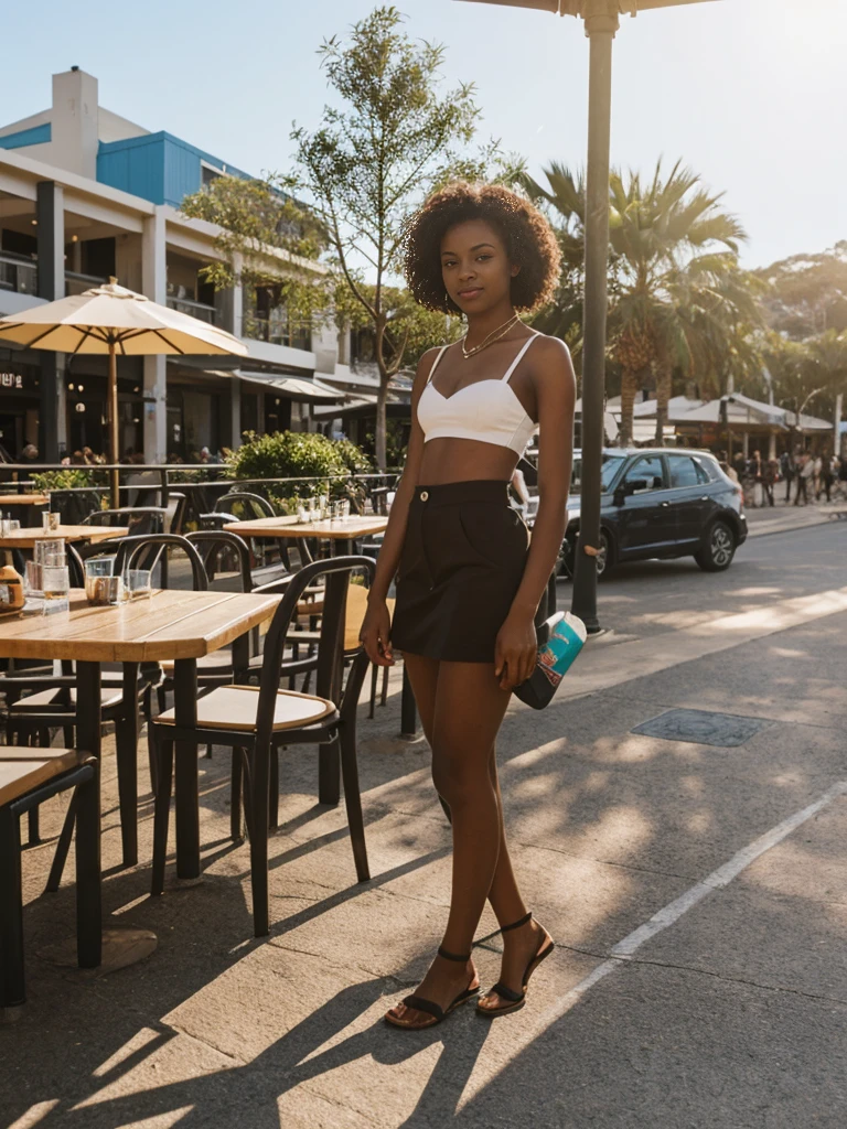 her name is Jamila, high quality, 1girl, ((20-year-old fit black woman)), ((25 years old)), ((slim)), short bob, pose: standing, wearing stylish fashionable Generation-Z modern wear different colored, BACKGROUND: outside: At Bondi Beach, where surfers ride waves against a backdrop of vibrant street art, cafes buzz with locals and tourists savoring flat whites under the Australian sun.