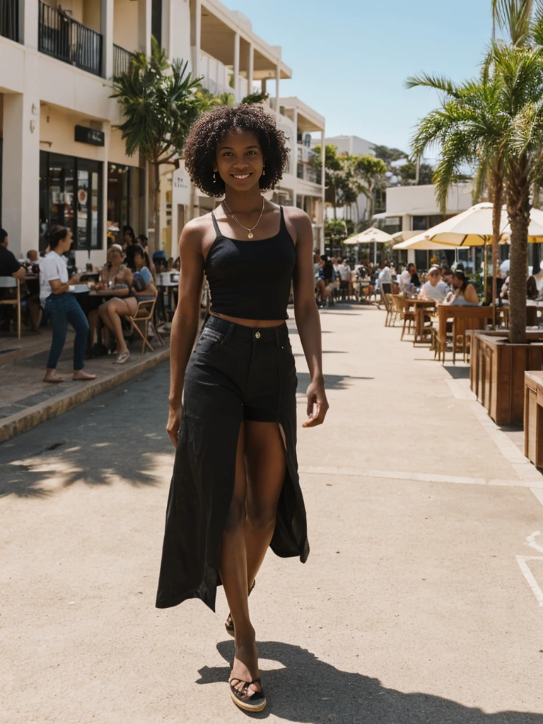 her name is Jamila, high quality, 1girl, ((20-year-old fit black woman)), ((25 years old)), ((slim)), short bob, pose: standing, wearing stylish fashionable Generation-Z modern wear different colored, BACKGROUND: outside: At Bondi Beach, where surfers ride waves against a backdrop of vibrant street art, cafes buzz with locals and tourists savoring flat whites under the Australian sun.