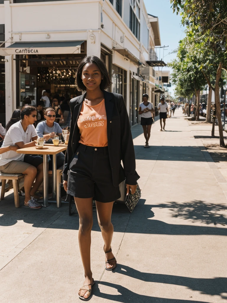 her name is Jamila, high quality, 1girl, ((20-year-old fit black woman)), ((25 years old)), ((slim)), short bob, pose: standing, wearing stylish fashionable Generation-Z modern wear different colored, BACKGROUND: outside: At Bondi Beach, where surfers ride waves against a backdrop of vibrant street art, cafes buzz with locals and tourists savoring flat whites under the Australian sun.