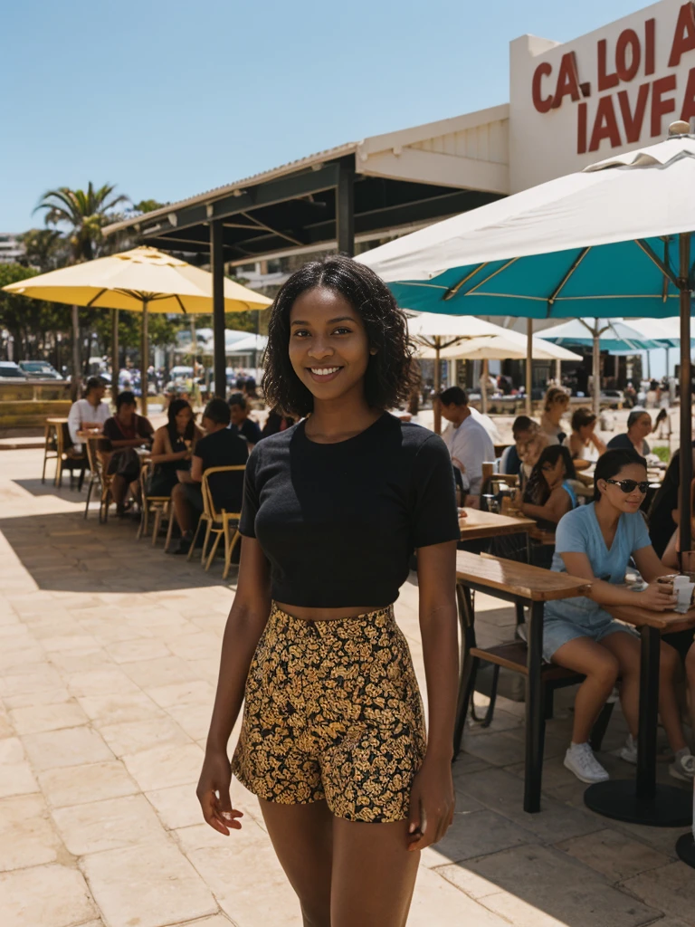 her name is Jamila, high quality, 1girl, ((20-year-old fit black woman)), ((25 years old)), ((slim)), short bob, pose: standing, wearing stylish fashionable Generation-Z modern wear different colored, BACKGROUND: outside: At Bondi Beach, where surfers ride waves against a backdrop of vibrant street art, cafes buzz with locals and tourists savoring flat whites under the Australian sun.