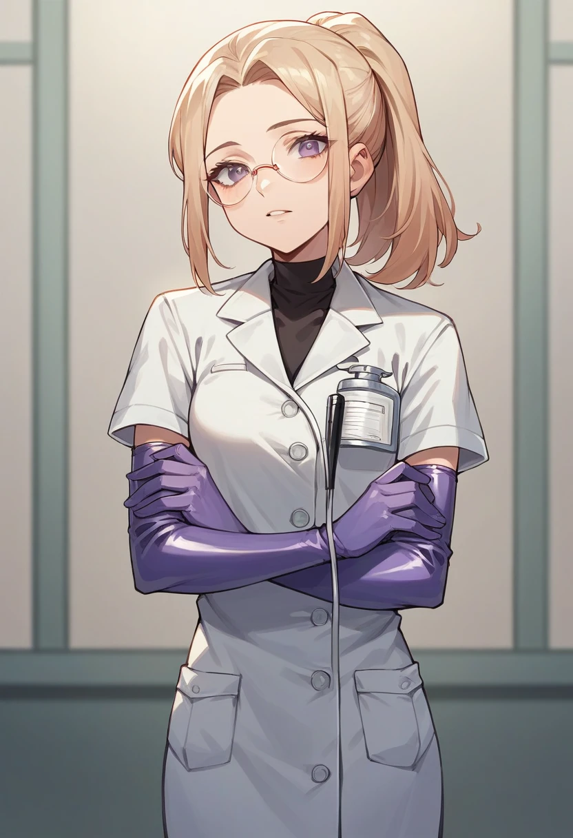 1girl, light hair, ponytail, round glasses ((purple elbow gloves)), ((surgical gloves)), ((latex gloves)), ((long sleeves)) ((white surgeon outfit)), looking at viewer, ((doctor)), standing, solo
