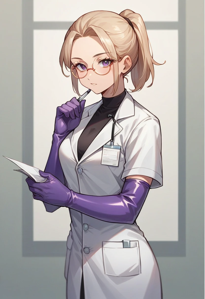 1girl, light hair, ponytail, round glasses ((purple elbow gloves)), ((surgical gloves)), ((latex gloves)), ((long sleeves)) ((white surgeon outfit)), looking at viewer, ((doctor)), standing, solo