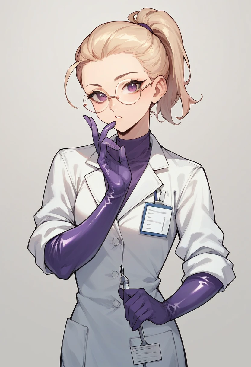 1girl, light hair, ponytail, round glasses ((purple elbow gloves)), ((surgical gloves)), ((latex gloves)), ((long sleeves)) ((white surgeon outfit)), looking at viewer, ((doctor)), standing, solo