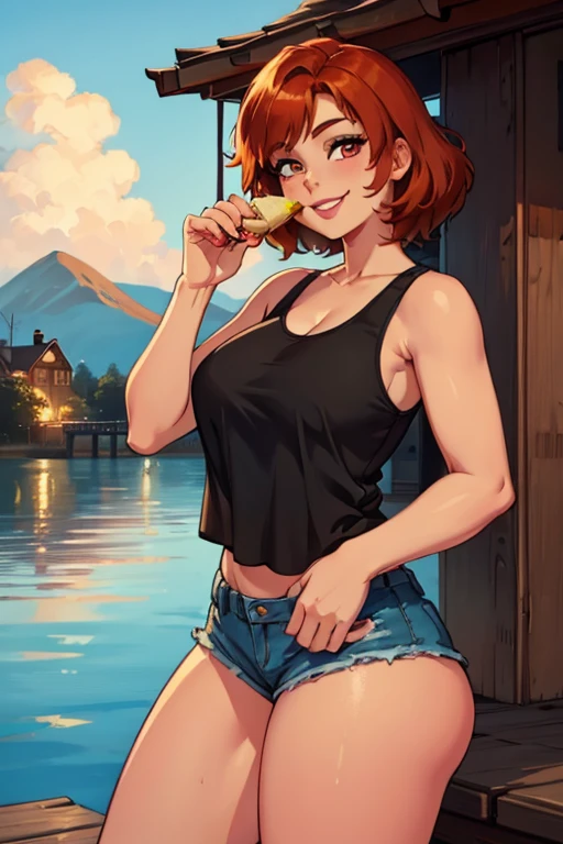 A copper haired woman with copper eyes in a cute tank top and shorts is eating ice cream on the dock with a big smile.