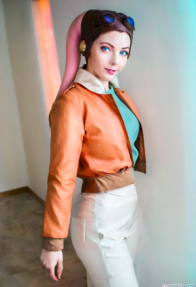 score_9_up, score_8_up, score_7_up, 1girl, solo, mature female, ((Hera)),(( twi’lek race))((green skin color)), long horns, blue eyes, pink lips, parted lips, fit slim body, ((perfect medium erected breast)), (((brown jacket, white tight top, orange pants))), (((Cyberpunk interior, living room, with neon lights))), perfect model body, wide hips, pumped up ass, bending over the table and showing her ass, from behind