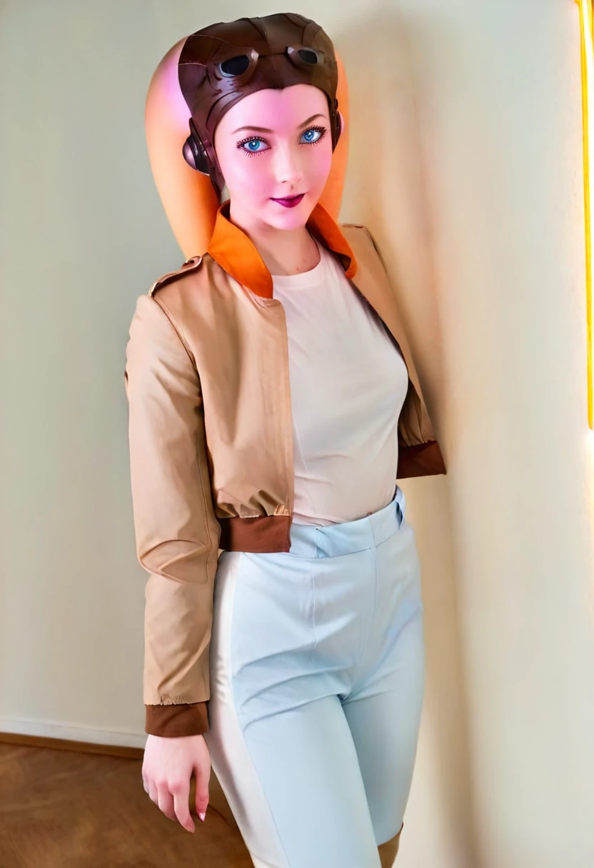 score_9_up, score_8_up, score_7_up, 1girl, solo, mature female, ((Hera)),(( twi’lek race))((green skin color)), long horns, blue eyes, pink lips, parted lips, fit slim body, ((perfect medium erected breast)), (((brown jacket, white tight top, orange pants))), (((Cyberpunk interior, living room, with neon lights))), perfect model body, wide hips, pumped up ass, bending over the table and showing her ass, from behind
