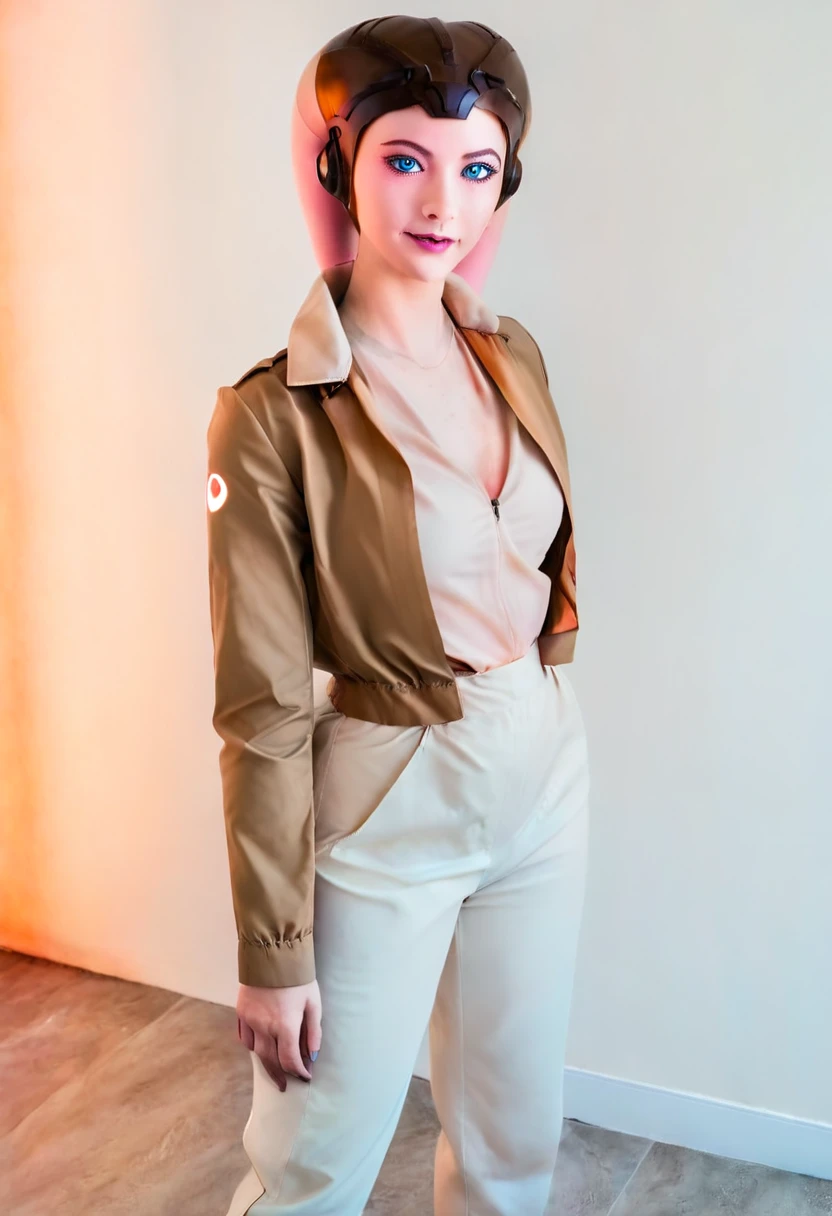 score_9_up, score_8_up, score_7_up, 1girl, solo, mature female, ((Hera)),(( twi’lek race))((green skin color)), long horns, blue eyes, pink lips, parted lips, fit slim body, ((perfect medium erected breast)), (((brown jacket, white tight top, orange pants))), (((Cyberpunk interior, living room, with neon lights))), perfect model body, wide hips, pumped up ass, bending over the table and showing her ass, from behind