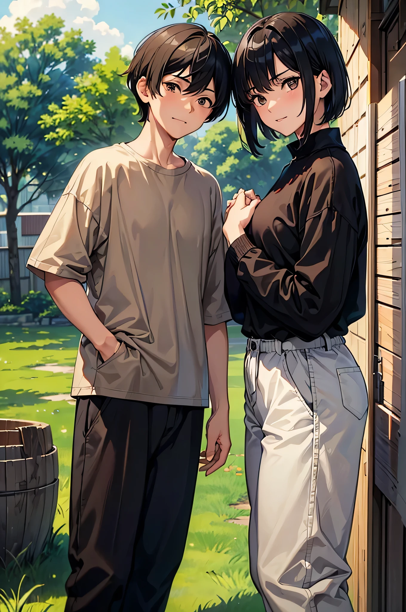 An image of the neighbors, one with a stern face, short black hair, and the other with a relieved expression, short brown hair, both wearing plain farming clothes (a loose shirt and pants), standing and deciding to share the tree and its fruits, shaking hands with smiles on their faces. (masterpiece, hd, best quality, 2d