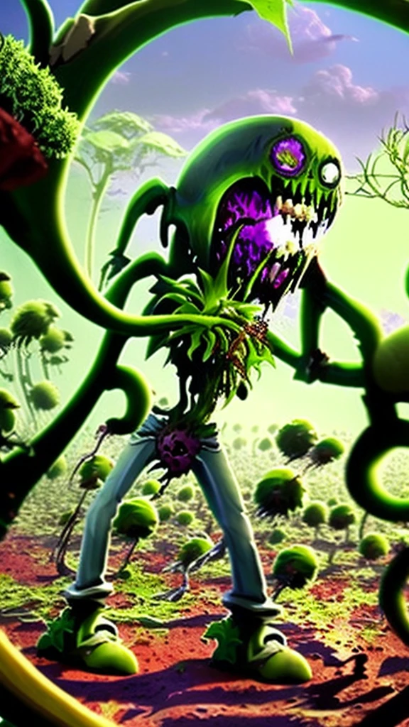 Zombie Hordes、Plants that attack zombies、Plants vs zombies、Apocalyptic scene with plants fighting zombies、A surreal landscape with mutated plants and zombies、A plant that preys on zombies with its long vines.、Strange hybrid plant and zombie creatures、