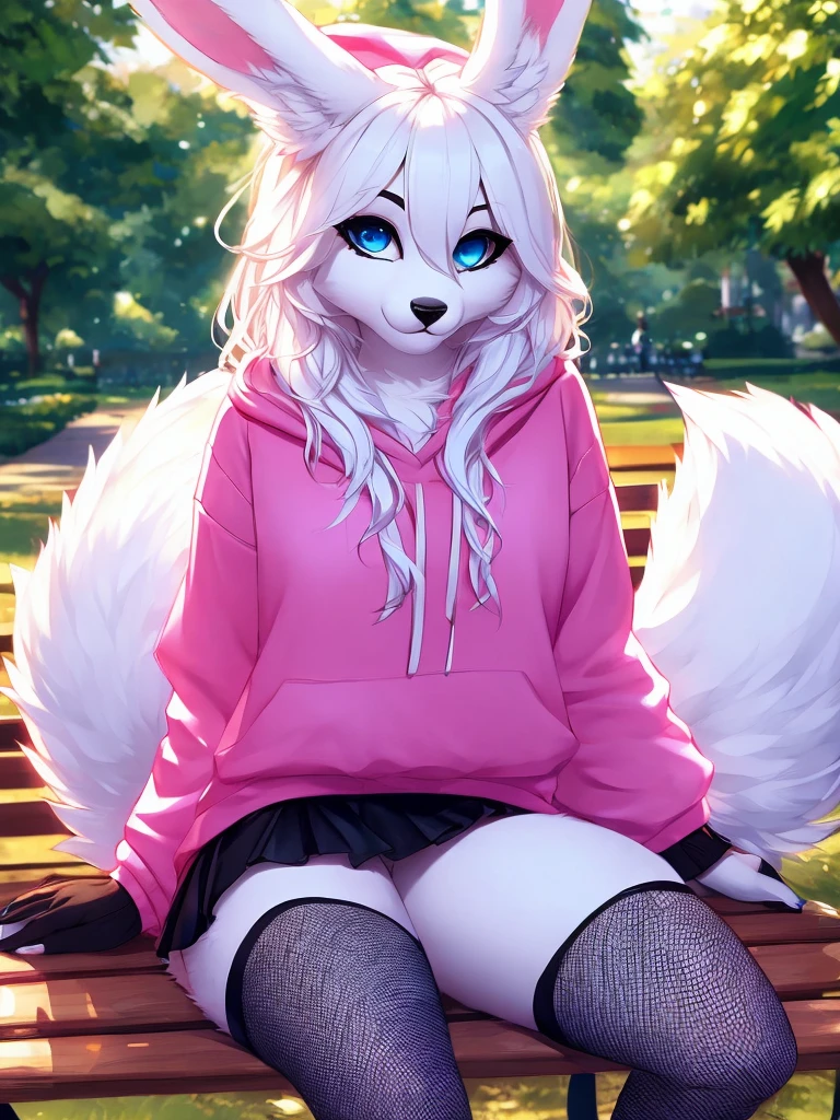 bunny girl with blue eyes, black nose, white fur, fluffy tail, white ears, long white hair, outside park background, sitting down on a bench, hair over one eye, pink hoodie, full body, big, realistic, fishnet stockings 