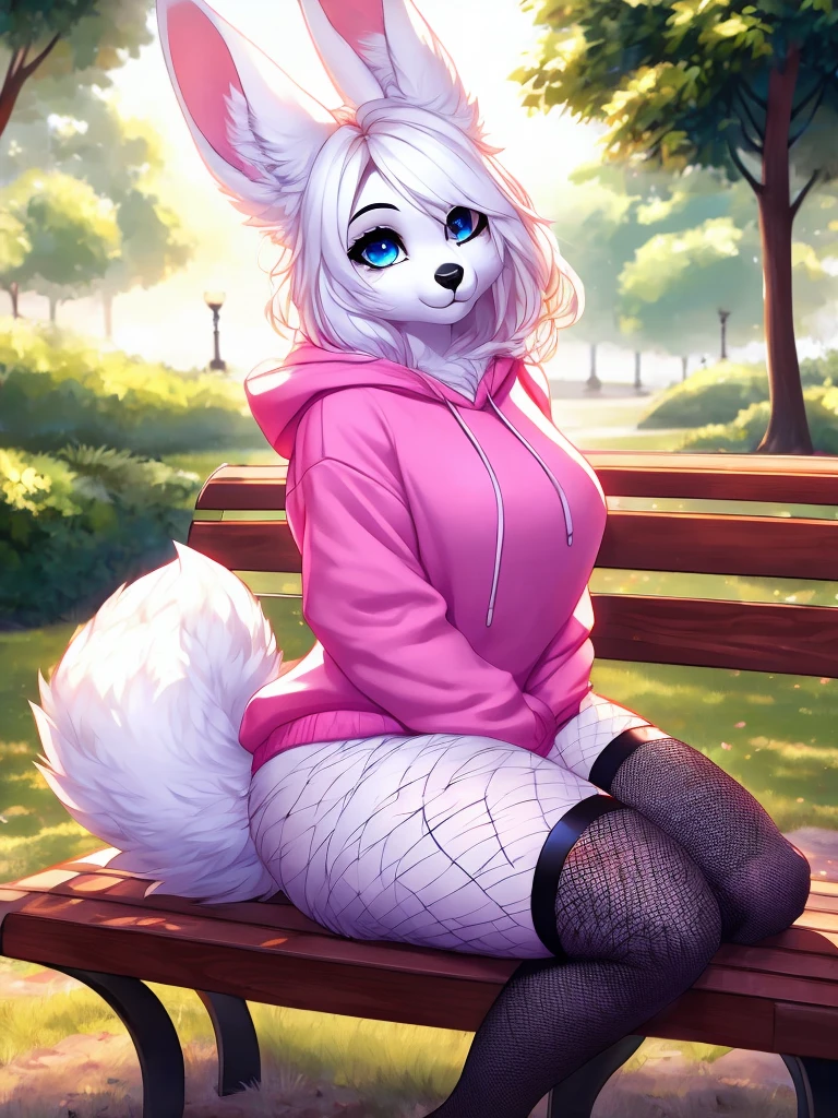 bunny girl with blue eyes, black nose, white fur, fluffy tail, white ears, long white hair, outside park background, sitting down on a bench, hair over one eye, pink hoodie, full body, big, realistic, fishnet stockings