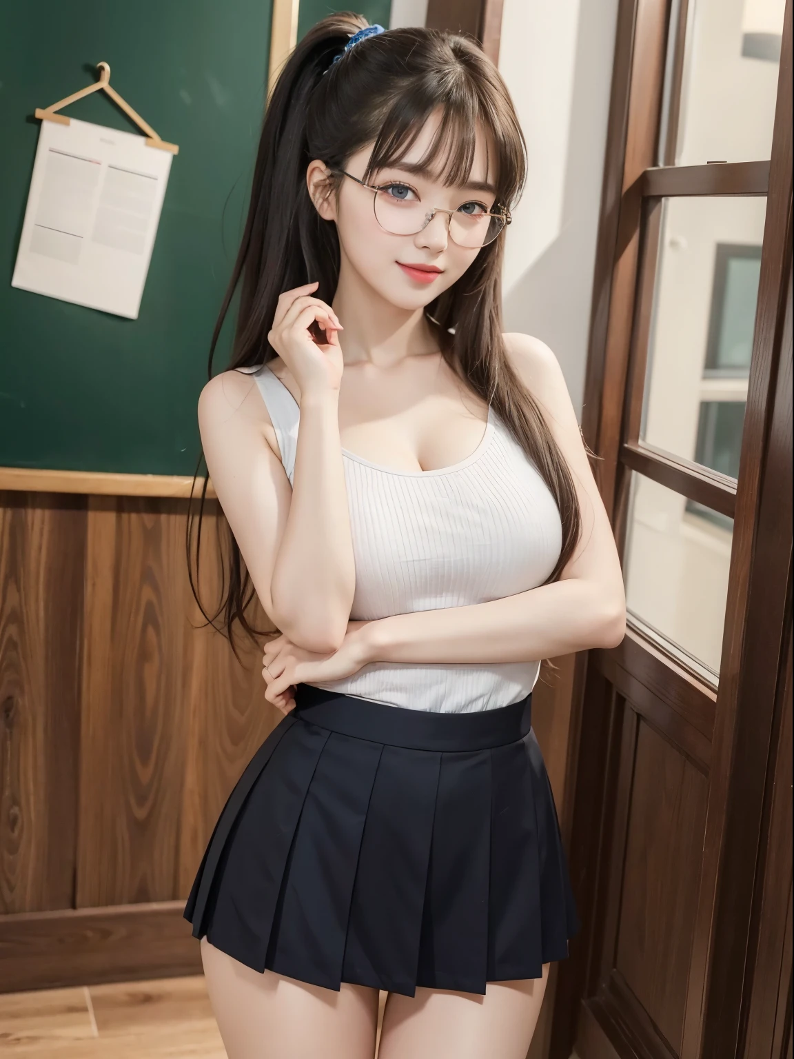 (Best quality, masterpiece, detailed), (RAW, 4k, hd images), 1 girl, , white skin, long hair, ponytail, layers hair, bangs, black hair, beautiful girl, cute girl, sweet girl, pretty girl, perfect girl, perfect body, pretty eyes, blue eyes, thin lips, (eye line, lip soft), perfect round breast, glasses(detailed frame), simple background, smile, thigh, legs, school uniforms, full body, modeling pose, free style pose, random angle capture