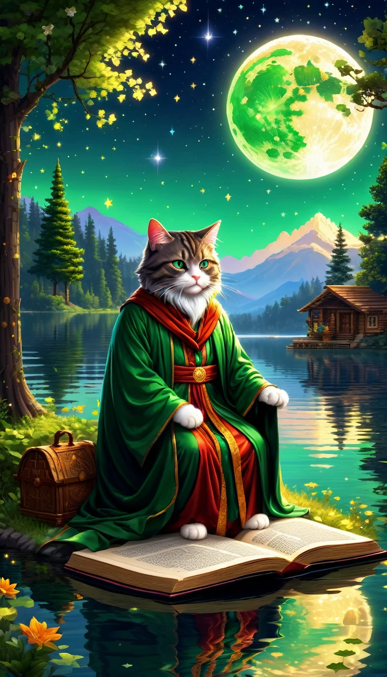 (Pixel Art:1.3), (Solitary:1.3), Bringing wisdom to life (((Old Cat Wizard)) ((Wear magic robes)) And his big house by the clear lake, Depicts a tranquil setting with lush green surroundings, Reflected on the calm water, Depiction of the saint as an anthropomorphic cat, ((Wearing a robe)), Sitting outside his hut, Surrounded by books and scrolls, It symbolizes his profound knowledge, His eyes sparkle with enchanting light,It implies his wisdom, Aura of Wisdom and Transcendence, The distant moon and stars shine brightly in the night sky