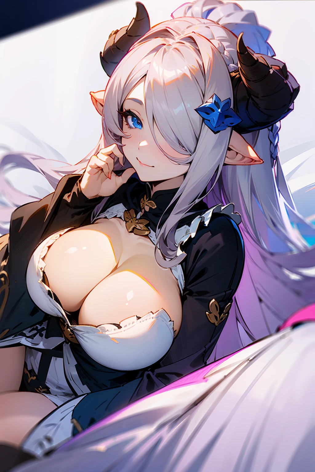 (((1 woman))), ((detailed blue eyes)), ((long silver hair)), large breasts, perfectly drawn body, narmaya, seductive smile, white nightgown, best quality, masterpiece, ultra-detailed