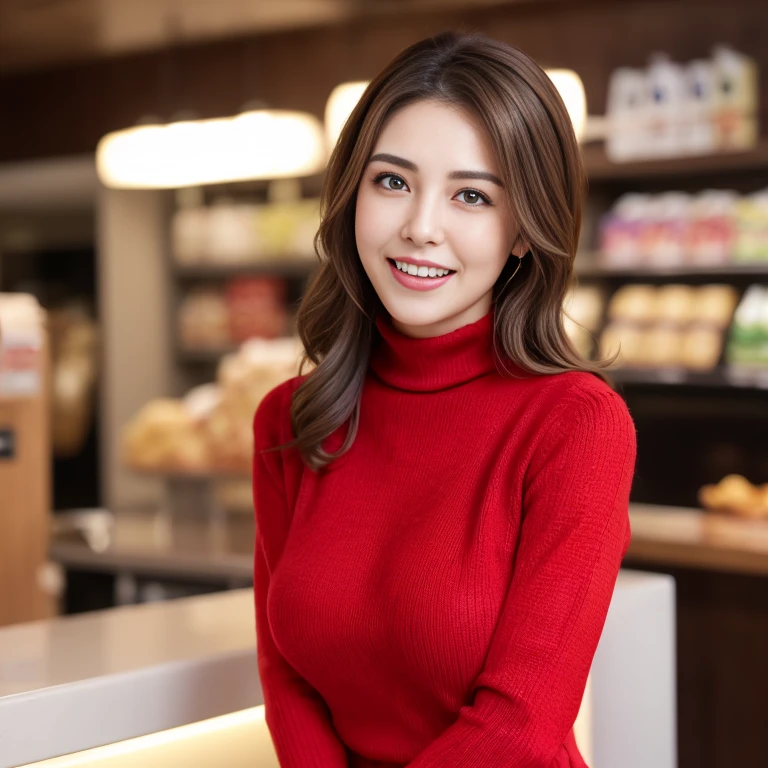 ((highest quality, 8k, masterpiece:1.3)), Lower body, sharp focus:1.2, Beautiful hijab woman with perfect figure:1.4, slender abs:1.1, The background is a convenience store counter, ((shortcut, big breasts:1.2)), (wearing a fluffy red sweater dress, big breasts, slim and toned waist, Soft big buttocks, laughing:1.2), Highly detailed face and skin texture, detailed eyes, double eyelid, 25 year old woman, mature woman, laughing