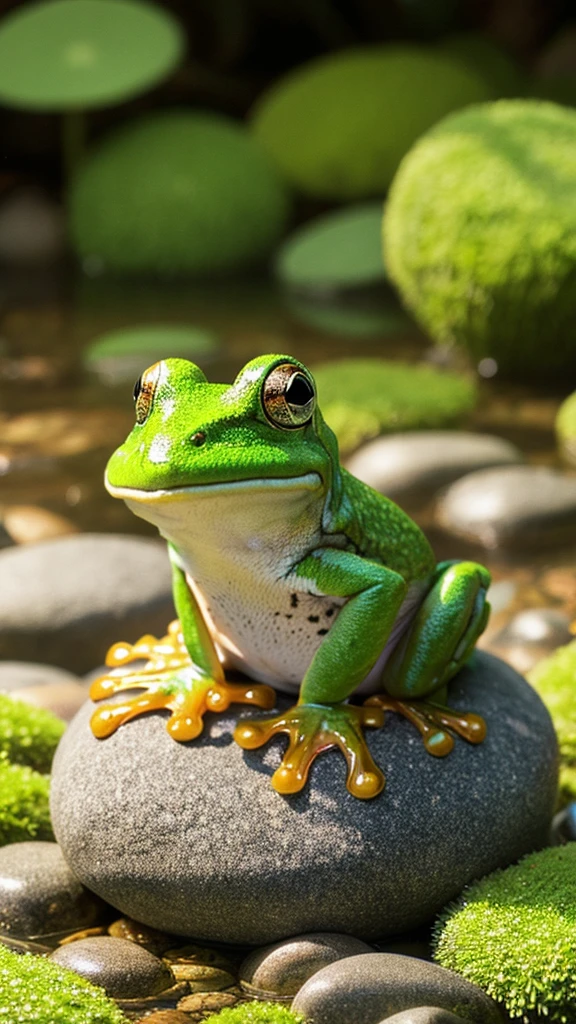 frog、Round and cute、Unusual colors、photograph、Real、3d、sitting on a mossy round stone