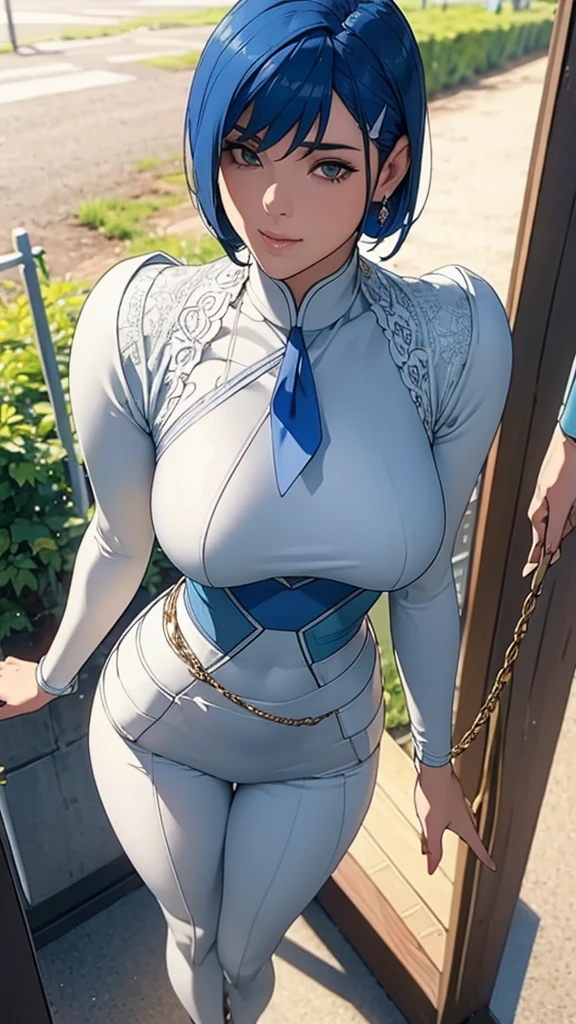 Best quality, 4k, high resolution, body stuck dress, perfect smile, gorgeous, light skin, (ichigo),blue hair, wearing bodystuck suit, stuck in body, bodyfit outfit,
1 girl, short hair (malt''s haristyle), solo, seductive look, elegance and charm, (masterpiece, best quality, high resolution), looking at the viewer, standing, (intricate and beautiful:1.2), (detailed light:1.2), (soft light, side light), (high resolution textures) , holding leash in hand(chain leash), outdoor, Burmese girl,wearing bodfit outfit(white colour) with blue line ,wearing gorgeous jewelary, wearing high heels, wearing harness over the outfit ,outdoor background, sun light, attractive, sexy, mature and hot, milf,(masterpiece:1.3), (disorganized:1.3), (highest quality:1.3),perfect anatomy,detailed face, below angle, perfect right hands,looking at viewer, (Super detailed:1.3),(best shadow:0.7), (treated hair),fine eyes, beautiful eyes, 1 middle aged woman, alone, standing, crystal earrings,closed_mouth, arm_behind_return, (Army uniform,tie), rest outdoors,
Thick thighs, thick ass, big ,arrogant face,