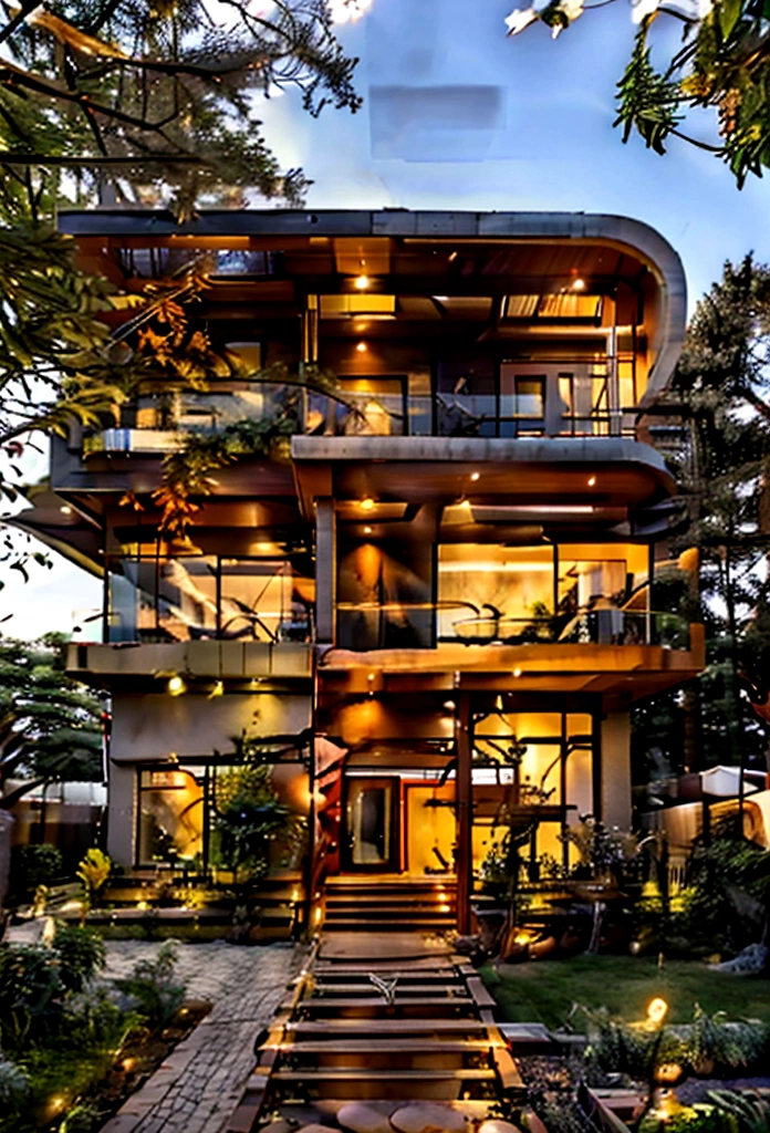 orange mansion, Modern flair, a lot of trees, paisaje, matching orange walls, glass and wood, twinkling, created with straight lines