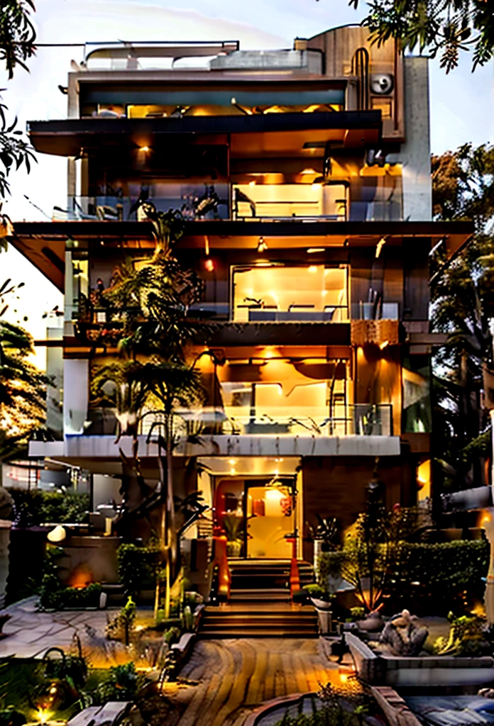 orange mansion, Modern flair, a lot of trees, paisaje, matching orange walls, glass and wood, twinkling, created with straight lines