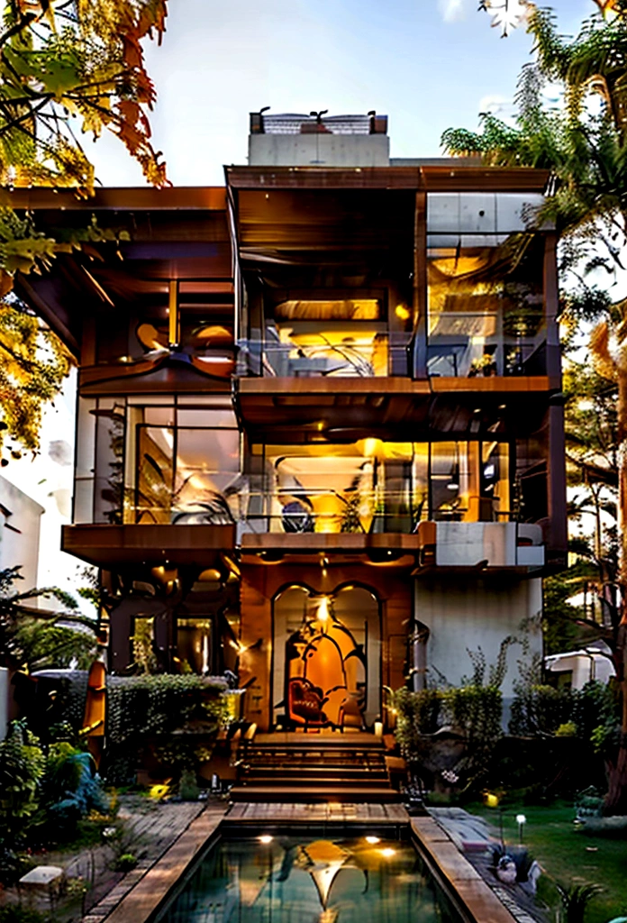 orange mansion, Modern flair, a lot of trees, paisaje, matching orange walls, glass and wood, twinkling, created with straight lines