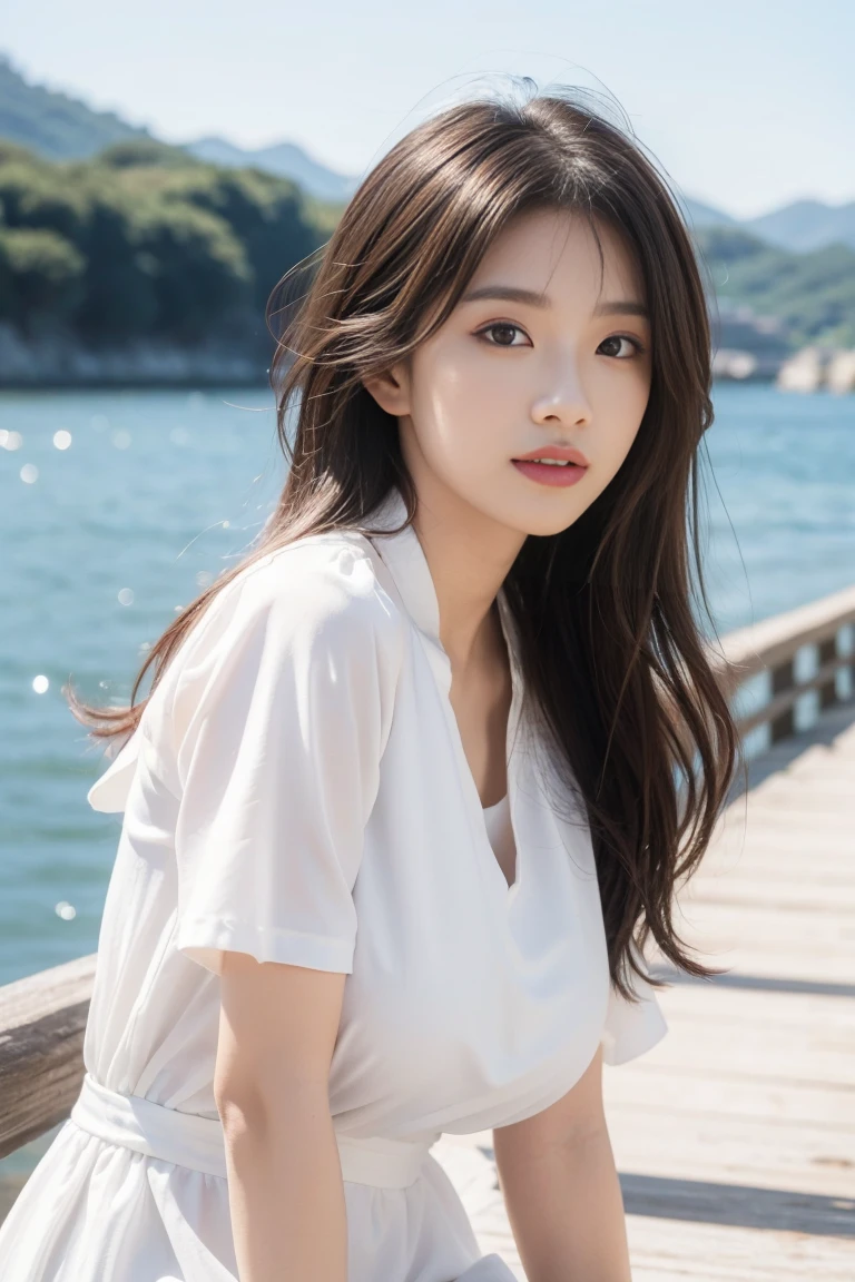 8K RAW Photos, Highest quality, masterpiece, Ultra-high resolution, 3d, Realistic, One girl, Asian, black_hair, White Dress, length_hair, nose, , neckerchief, Natural skin texture, light brown_eye, detailed eyes and face, lips, lipstick, smile, Beautiful feet, Huge breasts, Beautiful seaside location, (Detailed Background), White Dress, White shirt, Blurred Background, Short sleeve