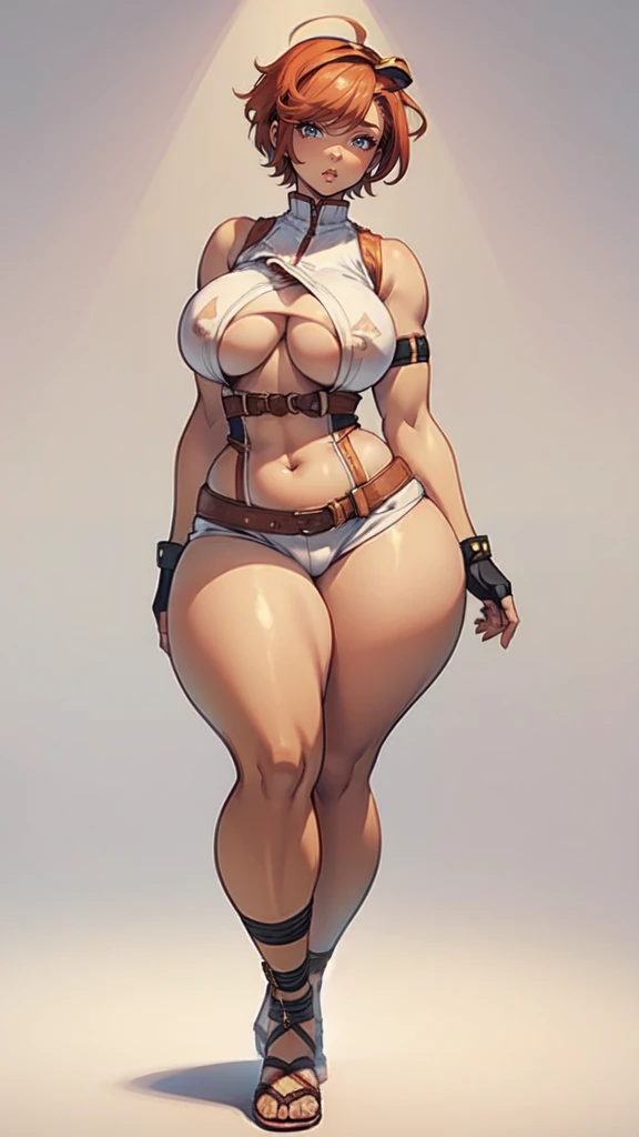 (masterpiece), best quality, female warrior, huge girl, female muscular:1.2, very short hair, ginger hair, big breast, (curvy:1.8), (((blank background))), ((full body)), fingerless gloves, sandals, sleeveless, covered nipples, (underboobs:1.3), tshirt top, shaved hair, (buzzcut hairstyle)