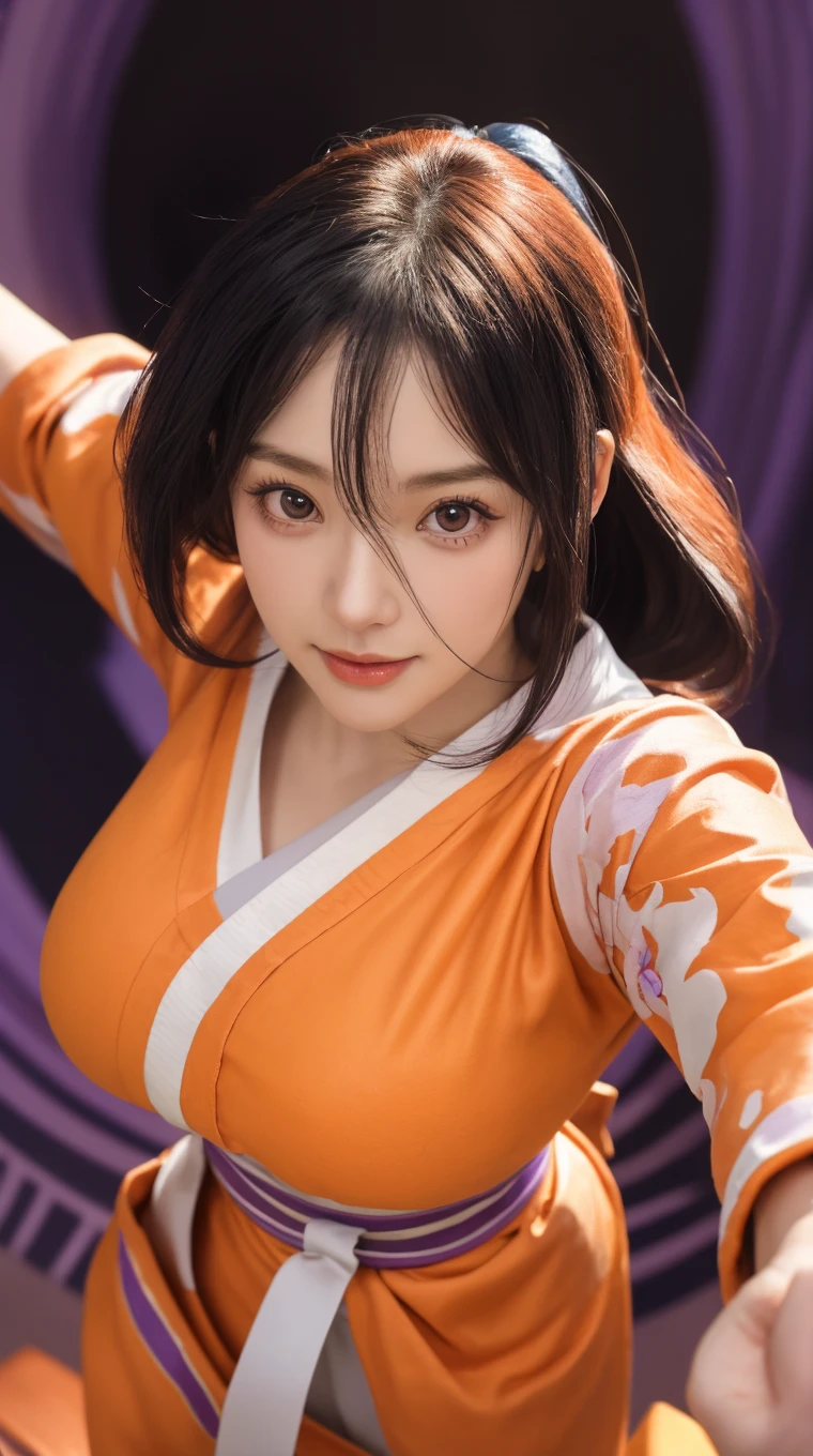 Beautiful 25 year old Japanese female vampire with black hair in a ponytail, white skin, serious expression, He is wearing a black and orange assassin costume., waist up shot, dynamic pose, environmental lighting, photorealism, intricate facial details, intricate hand details, very detailed, Bright colors, cinematic, High resolution, Art Station Trends--Style Raw