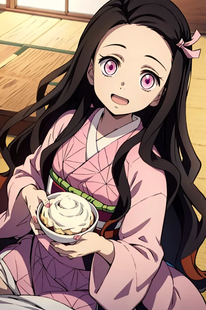 (masterpiece:1.3), (best quality:1.1), (8k, ultra detailed, ultra high res:1.2), ((anime style)), perfect 5 fingers, perfect anatomy, 
1girl,
Kamado Nezuko, 
BREAK long hair, wavy hair,  forehead, 
black hair, 
pink eyes, empty eyes, 
ribbon, 
small breasts,   
BREAK japanese clothes, pink kimono, brown haori, obi, 
smile, 
looking at viewer, 
BREAK upper body, (eating, cream puff:1.2), sitting, wariza, open mouth, 
perfect light, indoor, inside, Japanese-style Room, 