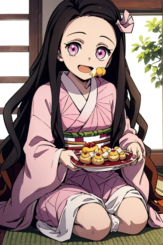 (masterpiece:1.3), (best quality:1.1), (8k, ultra detailed, ultra high res:1.2), ((anime style)), perfect 5 fingers, perfect anatomy, 
1girl,
Kamado Nezuko, 
BREAK long hair, wavy hair,  forehead, 
black hair, 
pink eyes, empty eyes, 
ribbon, 
small breasts,   
BREAK japanese clothes, pink kimono, brown haori, obi, 
smile, 
looking at viewer, 
BREAK upper body, (eating, cream puff:1.2), sitting, wariza, open mouth, 
perfect light, indoor, inside, Japanese-style Room, 